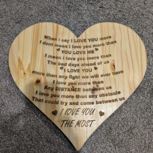 “I Love You More” Engraved Heart Plaque – Romantic Wooden Gift for Couples
