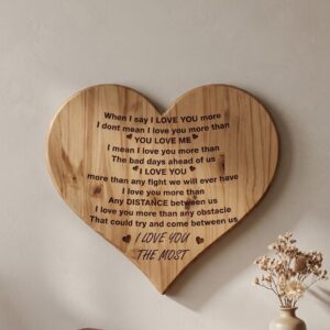 “I Love You More” Engraved Heart Plaque – Romantic Wooden Gift for Couples
