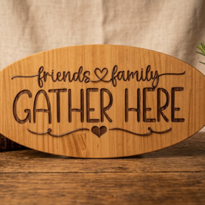 “Friends & Family Gather Here” Engraved Wooden Plaque – Rustic Home Welcome Sign