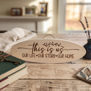Engraved “This Is Us” Oval Wooden Plaque – Rustic Family Home Décor Sign