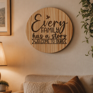 Engraved Wooden “Every Family Has a Story” Round Plaque – Rustic Home Décor Sign