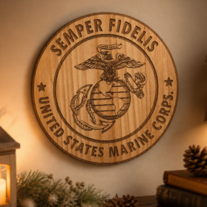 United States Marine Corps Engraved Wooden Plaque – “Semper Fidelis” Laser‑Etched Military Emblem Décor