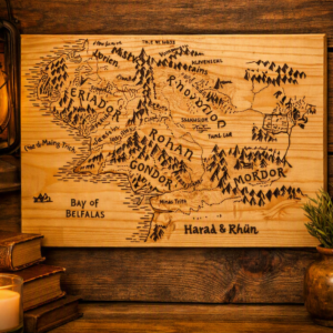 Engraved Middle‑Earth Wooden Map – Handcrafted Fantasy Décor for Tolkien Fans