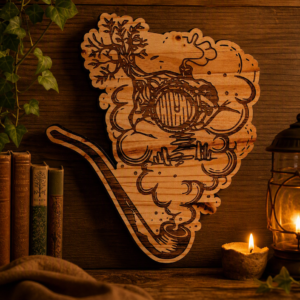 Fantasy Pipe & Enchanted Door Engraved Wood Art – Rustic Laser‑Etched Hobbit‑Style Decor