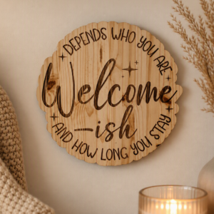 “Welcome‑ish” Engraved Wooden Sign – Rustic Humor Home Décor for Entryways
