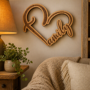 Family Heart Wooden Sign – Laser‑Cut Layered Wood Home Décor Gift